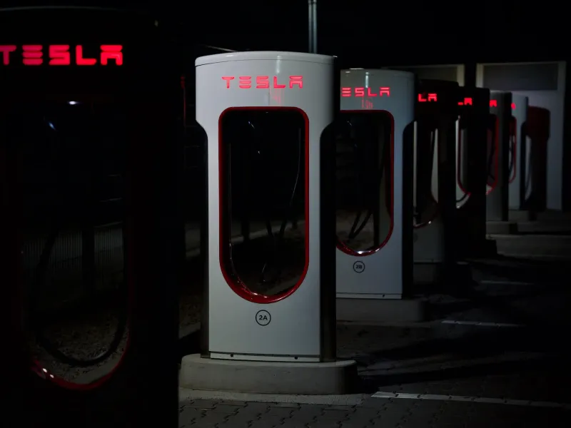 A row of DC fast charging stations