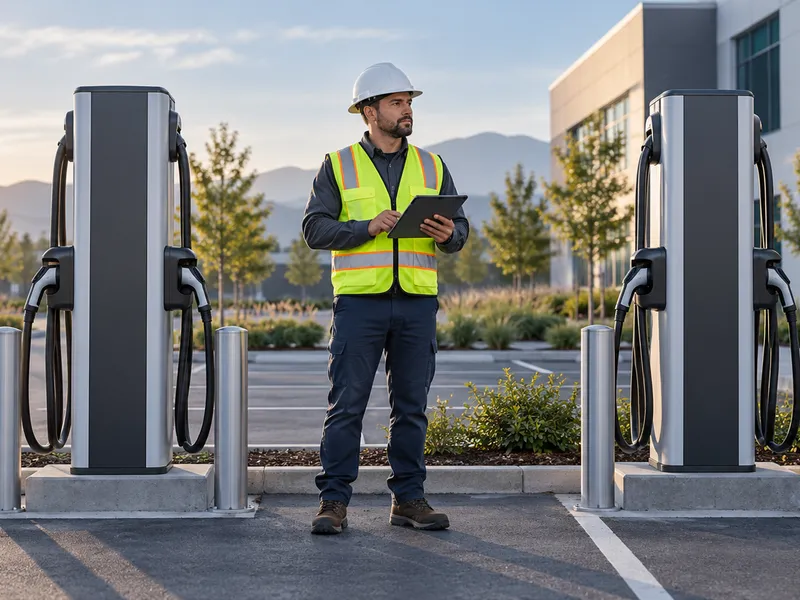 A technician holds a tablet beside two EV charging stations in a commercial parking lot.