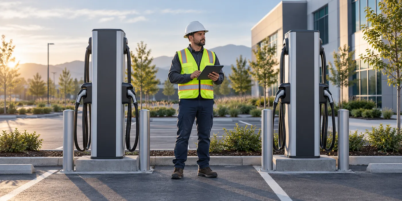 A technician holds a tablet beside two EV charging stations in a commercial parking lot.