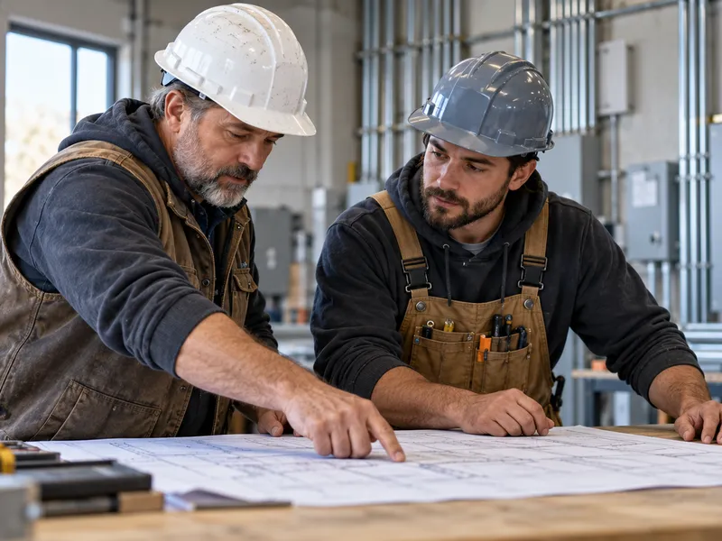 Two electrical construction workers review project drawings in a workshop.