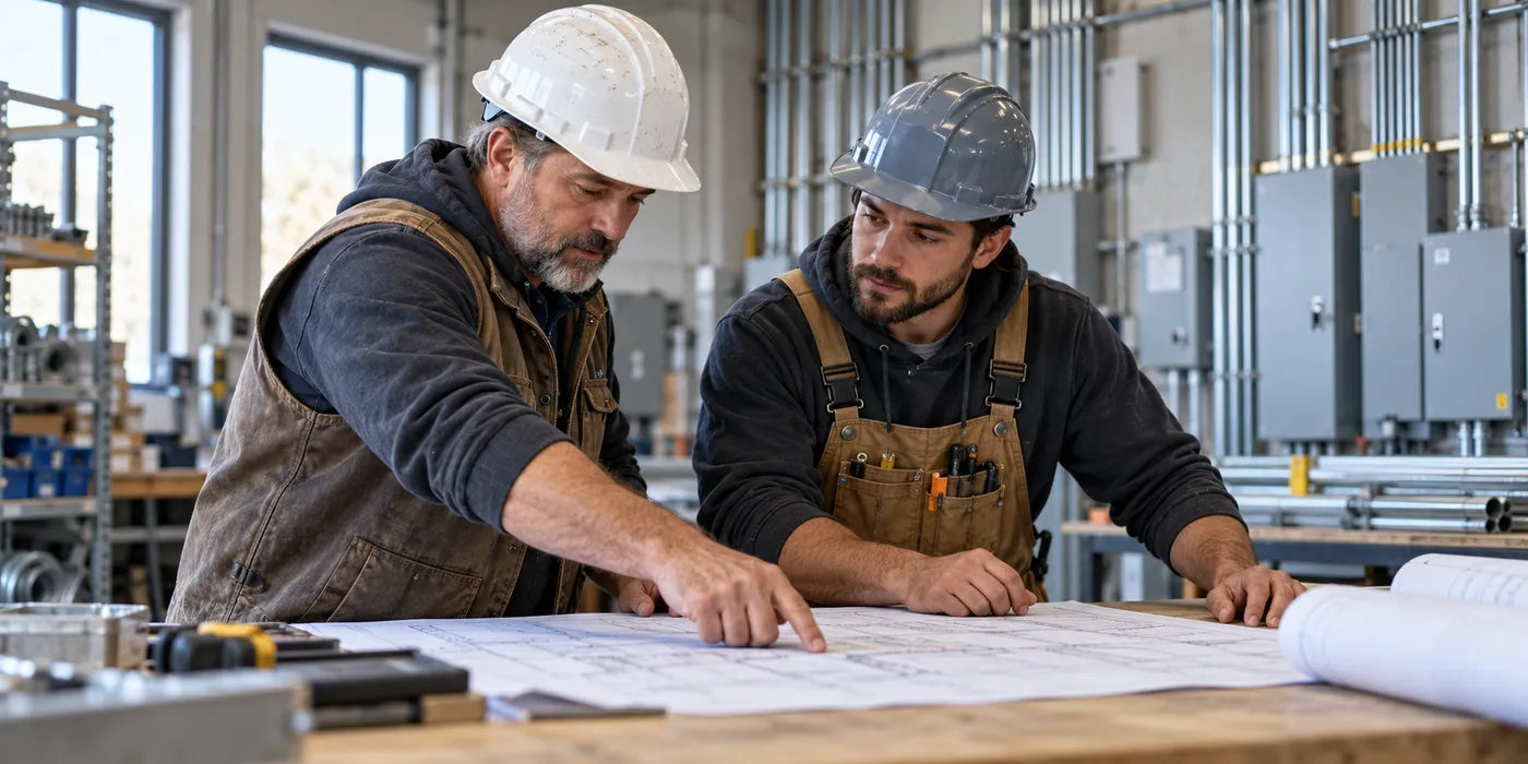 Two electrical construction workers review project drawings in a workshop.