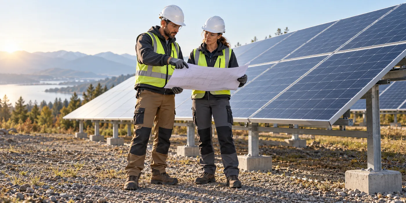 Two solar installation workers review a drawing beside a ground-mounted solar array.
