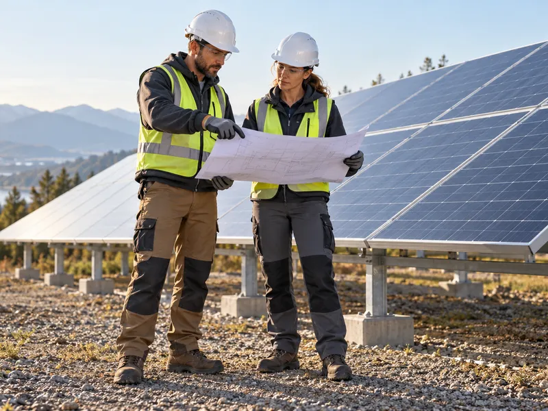Two solar installation workers review a drawing beside a ground-mounted solar array.